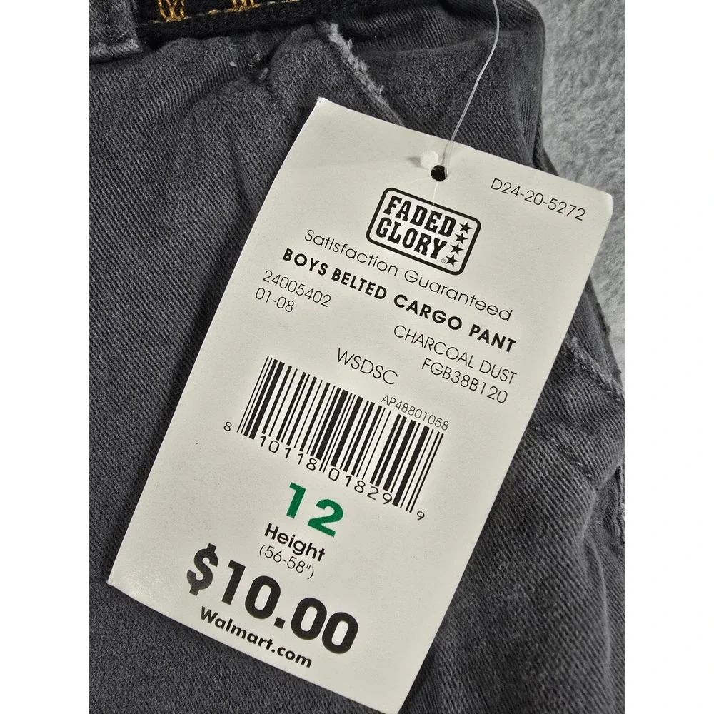 Y2K NWT Faded Glory Boys Belted Cargo‎ Pants Charcoal Dust Size 12 Vintage Wash